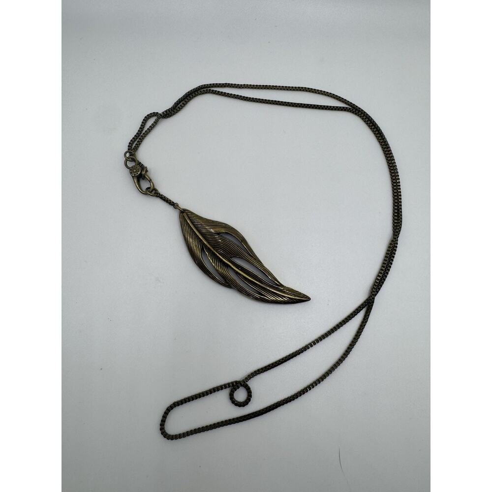 Bimba Y Lola Antique Gold-Tone Leaf Pendant Necklace Statement Modernist Design